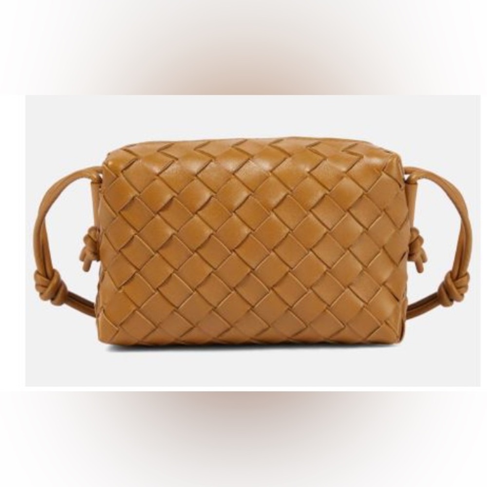 Authentic Camel Bottega Veneta Mini Intrecciato Crossbody Bag
